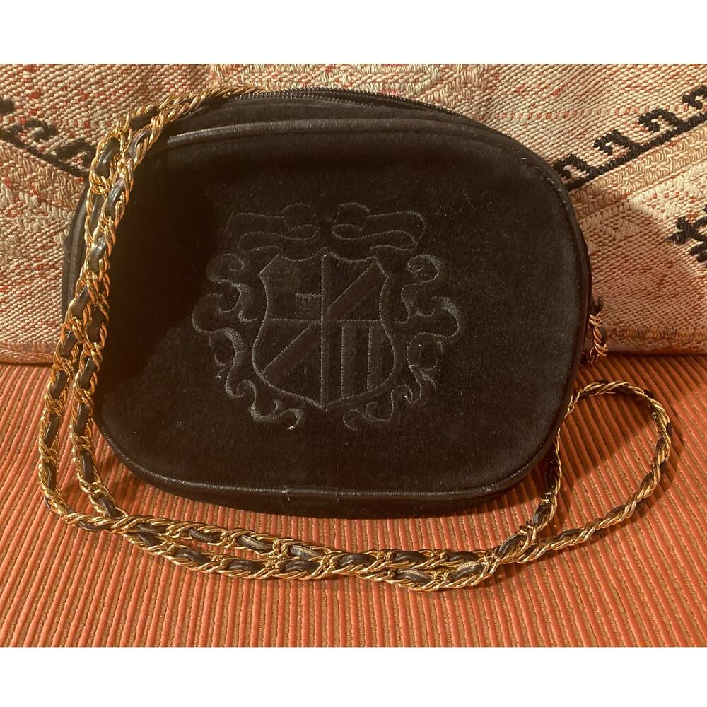 Ann Taylor Y2K Vintage Black Suede Leather Chain Strap Crest Crossbody Bag - Picture 2 of 8